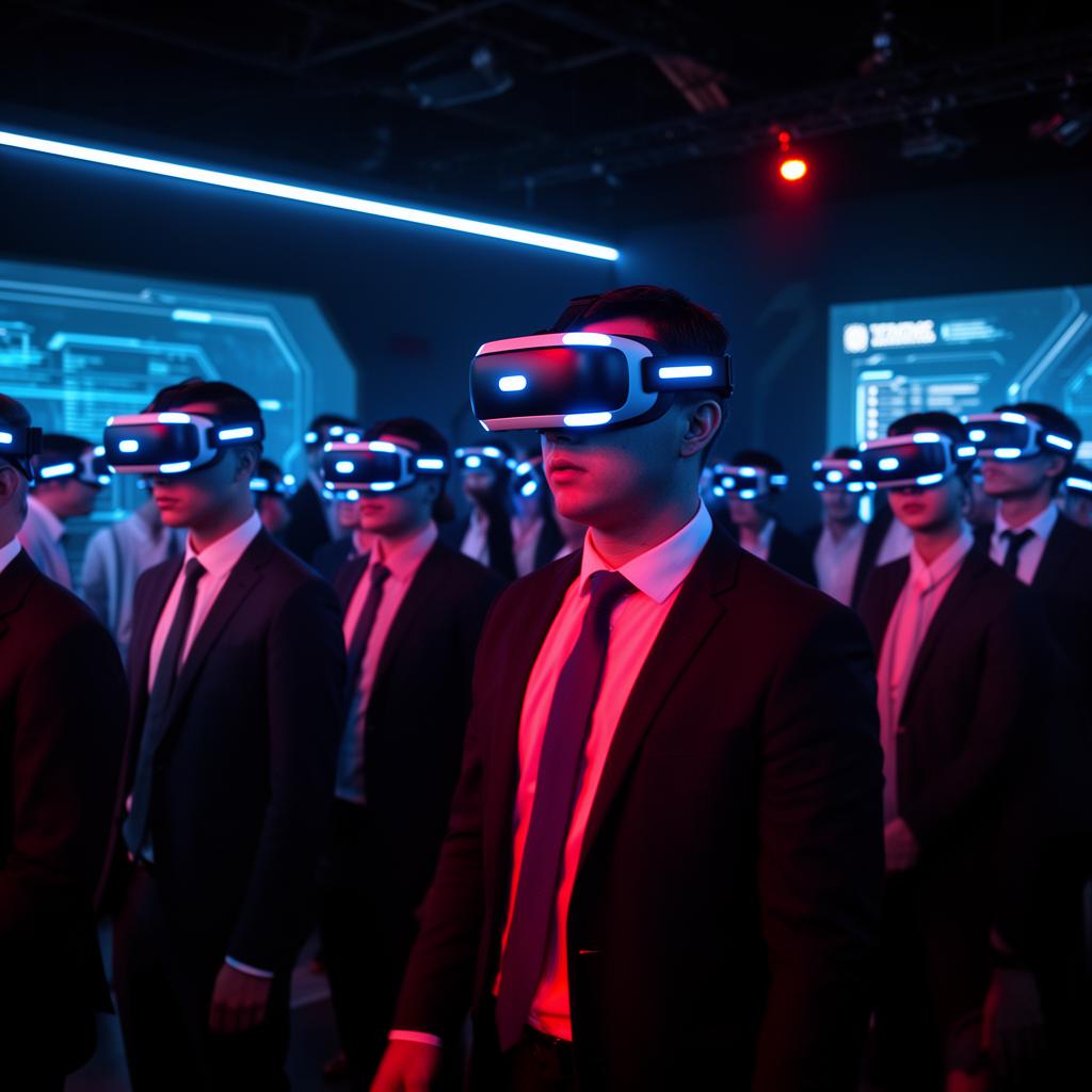 Pessoas em evento corporativo utilizando óculos de realidade virtual